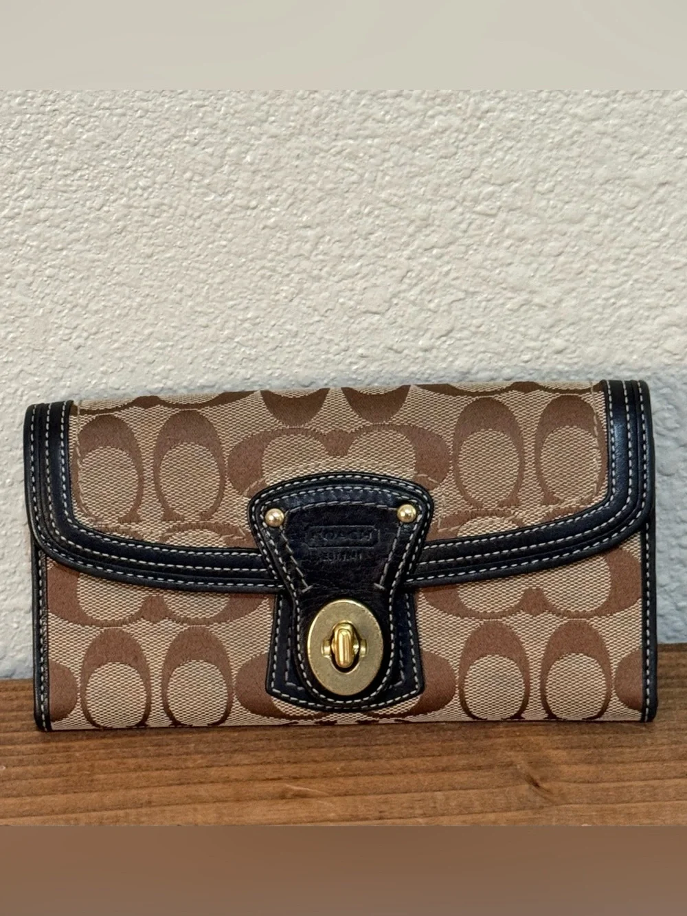 Coach Legacy Signature C Turnlock Long Wallet Brown Black